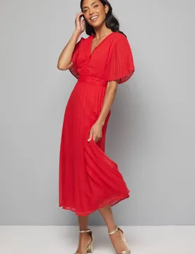 Women's Dobby Chiffon Pleated Sleeve Midi Dress in Red Size: 12 - Red - Size: 12 - Wallis - FashionsVida