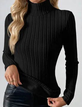 Parte superior de manga larga con cuello de tortuga, forro térmico de punto acanalado, top básico de otoño M - Shein - FashionsVida