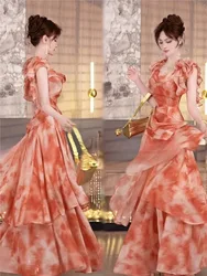 New floral printed ruffled lapel vacation-style long dress