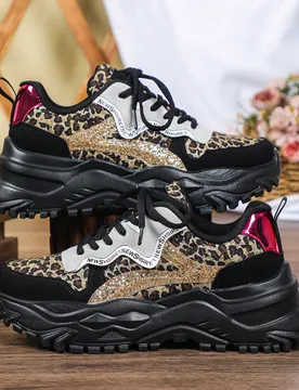 Zapatillas casuales de plataforma con puntera redonda y estampado de leopardo para hombres, de suela gruesa con cuña y cordones, de estilo de pareja - Shein - FashionsVida