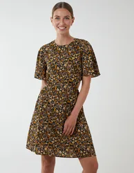 Floral Print Crew Neck Dress - 10 / BLACK PATTERN - female
