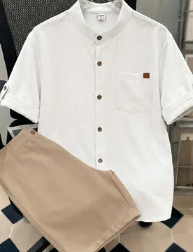 Conjunto de Camisa de Manga Corta & Pantalones Cortos con Rayas Onduladas Texturizadas Casual y Cómodo para Adolescentes, Primavera/Verano 13Y - Shein - FashionsVida