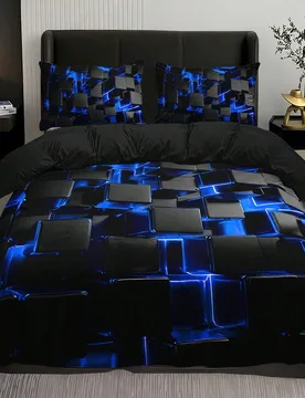 Juego de funda nórdica con estampado geométrico de cubos 3D en azul (1 funda nórdica + 1/2 fundas de almohada, sin incluir el relleno), impresión - Shein - FashionsVida