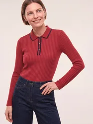 Poloshirt mit Rippenstruktur, normale Größen, Farbe Rot, 40, kuschelig weich anschmiegsam Damen