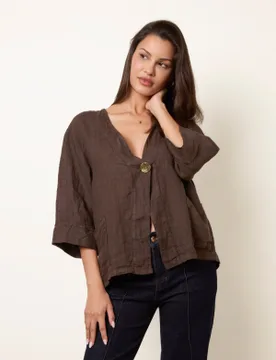 One Button Linen Blazer - M/L / CHOCOLATE - female - Blue Vanilla - FashionsVida