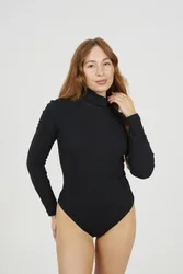 Women's Roll Neck Ribbed Long Sleeve Bodysuit in Black Size: Small - Black - Size: S