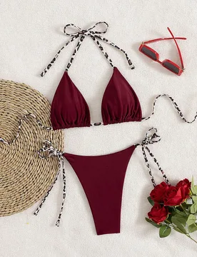 Piezas Bikini de mujer con estampado de leopardo, diseño minimalista y sexy con atar en el cuello, para vacaciones y playa en verano XS - Shein - FashionsVida