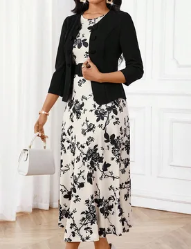 Conjunto de dos piezas para mujer con cárdigan de manga 3/4 y vestido sin mangas, elegante con estampado floral negro, estilo business casual para fi - Shein - FashionsVida