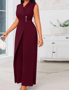 Mono de pierna ancha sin mangas de talla grande para mujer en color azul con cuello cruzado y decoración de perlas, conjunto de mujer para conciertos - Shein - FashionsVida