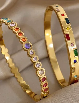 Conjunto de pulseras de brazalete de lujo vintage con circonita arcoíris dorada para mujeres, joyería de acero inoxidable elegante, estilo bohemio d - Shein - FashionsVida