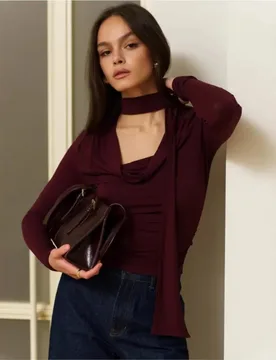 Streamer V-neck Scarf Long-sleeved Bottoming Shirt Spring Summer Women's New Top Short Pleated Solid Color T-shirt Ropa Mujer - Aliexpress - FashionsVida