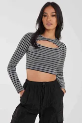 Women's Striped Rib Letterbox Long Sleeve Top in Black Size: Medium - Black - Size: M