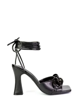 Women's 'Rhegan' Lace Up Chain Detail Square Toe Block High Heel Sandals in Black Size: 3 - Black - Size: 3 - XY London - FashionsVida