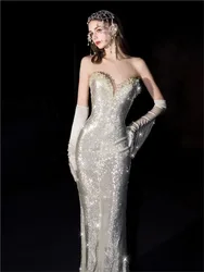 A new niche and light luxury strapless fishtail banquet dress with sequins from heavy industry