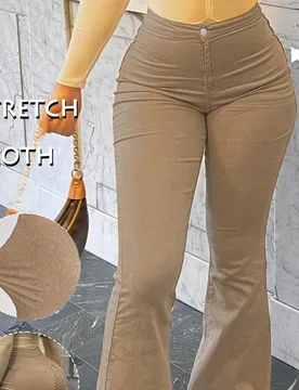 Jeans acampanados de cintura alta estilo Y2K, pantalones elegantes de mujer de unicolor y elásticos, color caqui, casual para uso diario en primavera - Shein - FashionsVida