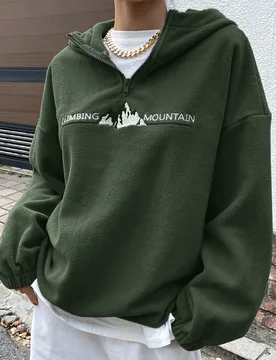 Sudadera con capucha de forro polar con media cremallera, hombros caídos y bordado de montaña y letra, ropa de otoño S - Shein - FashionsVida