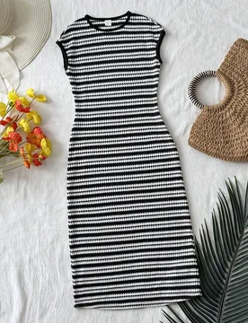 Vestido midi de manga corta de punto a rayas elegante y casual para niña preadolescente 10Y - Shein - FashionsVida