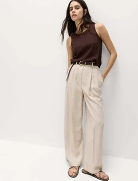 Linen Blend Pleat Front Wide Leg Trousers Multi/Neutral female - M&S - FashionsVida