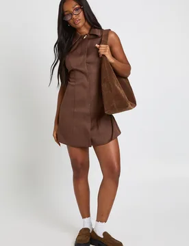 Womens Trim Detail Collared Sleeveless Shift Dress - Chocolate - Size 16 Uk - Boohoo - FashionsVida