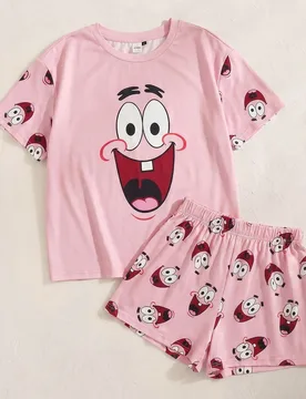Conjunto de pijama de verano con top de manga corta y pantalones cortos con estampado de dibujos animados divertidos para mujer - Shein - FashionsVida
