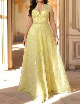Vestido elegante y lujoso de talla grande con escote en V profundo y bajo de sirena transparente, decorado con perlas y diamante de imitación, adecua - Shein - FashionsVida