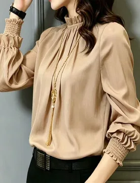 Blusa elegante de mujer de unicolor con cuello de volantes y plisado, para el Día del Maestro, oficina, caqui, otoño XS - Shein - FashionsVida