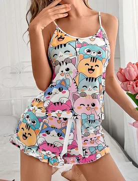 Conjunto de pijama de camiseta y shorts con estampado de gato lindo para mujer XXS - Shein - FashionsVida