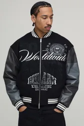 Mens Boxy Fit Melton & Pu Mixed Fabric Embellished Varsity Jacket - Black - Size 4xl