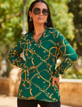 Womens Green Chain Print Tunic Blouse Viscose - Size 12 Uk - Sosandar - FashionsVida