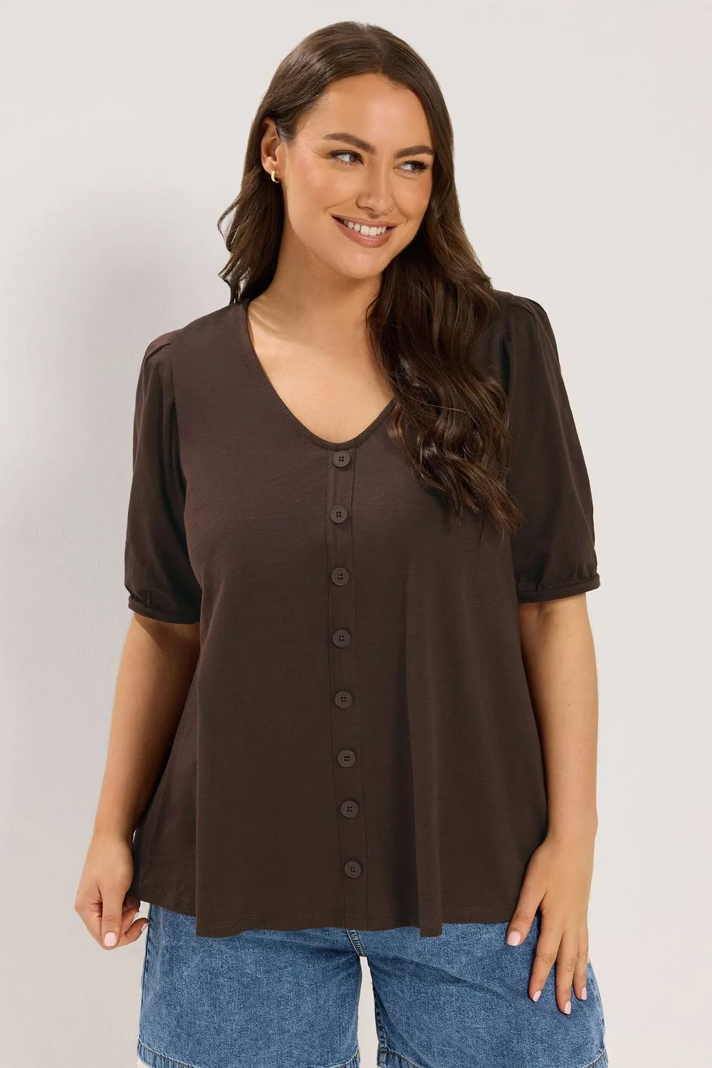 Women's Button Front Puff Sleeve Top in Chocolate Size: 22-24 - Chocolate - Size: 22-24 - Yours - FashionsVida
