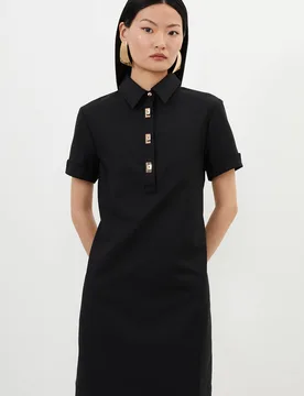 Women's Petite Techno Cotton Woven Short Dress With Gold Clasps in Black Size: 16 - Black - Size: 16 - Karen millen - FashionsVida