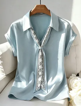 Blusa elegante para mujer, camisa de satén, camisa con cuello, blusa con bufanda, blusa brillante, top de fiesta L - Shein - FashionsVida