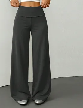 Pantalones casuales holgados de pierna ancha con cintura plegable de unicolor para mujer, ropa de casa versátil para otoño e invierno, para mujeres - Shein - FashionsVida