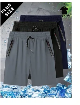 Pantalones cortos para hombre talla grande, bermudas rectas de verano de unicolor elástico con bolsillos con cremallera y cordón, adecuados para dep - Shein - FashionsVida