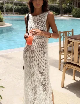 Vestido de suéter de punto casual y sexy para mujer, estilo francés, con calados y flecos, blanco, para playa, baño y vacaciones de verano S - Shein - FashionsVida