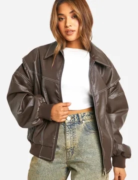 Womens Petite Pu Contrast Stitch Oversized Bomber Jacket - Chocolate - Size 10 Uk - Boohoo - FashionsVida