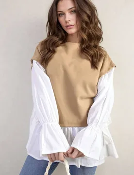 Women's Alicia Side Tie Contrast Long Sleeve Knit Frill Top in Brown - Brown - Size: One Size - IKRUSH - FashionsVida