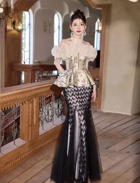 A black fashionable design dress for adult hosts with halter-neck one-shoulder and fishtail - Aliexpress - FashionsVida