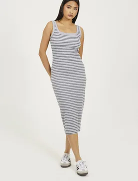 Womens Grey Cotton Jersey Scoop Neck Stripe Bodycon Midi Dress - Size Small - Brave soul - FashionsVida