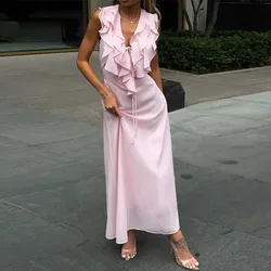 Summer New Style Pink Ruffled Lace Up Slim Fit Sleeveless Long Dress
