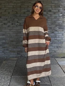 Vestido suéter largo de cuello polo a rayas holgado para mujer, uso casual diario otoño/invierno, vestido para vacaciones M - Shein - FashionsVida