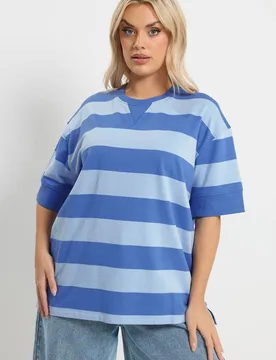 Women's Stripe Heavyweight T-Shirt in Blue Size: 22-24 - Blue - Size: 22-24 - Yours - FashionsVida