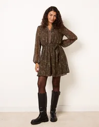 Studded Tie Waist Mini Dress - M / KHAKI - female
