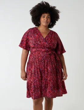 Curve Wrap Front Tier Hem Angel Sleeve Dress - 22 / PINK - female - Blue Vanilla - FashionsVida