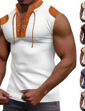 European and American Amazon Summer New Men's Colored Tie up V-neck Tank Top Casual Sleeveless T-shirt - Aliexpress - FashionsVida