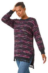 Womens Boucle Fringe Hem Tunic Jumper - Black - Size 12 Uk