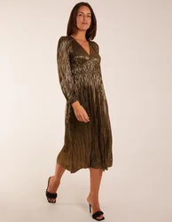 Plisse V-Neck Elasticated Midi Dress - 10 / GOLD - female