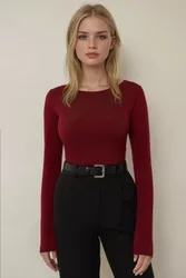 Womens Slim Fit Boat Neck Long Sleeve Top - Burgundy - Size Large