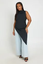 Womens Plus High Neck Asymmetric Hem Long Line Top - Black - Size 20 Uk