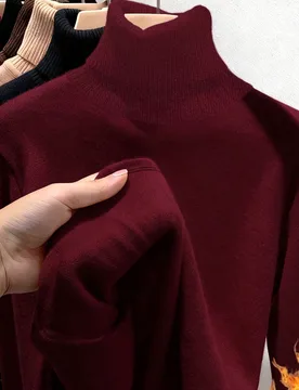 Camiseta de manga larga con cuello alto de unicolor y cálida, de moda para otoño/invierno, talla grande 1XL - Shein - FashionsVida